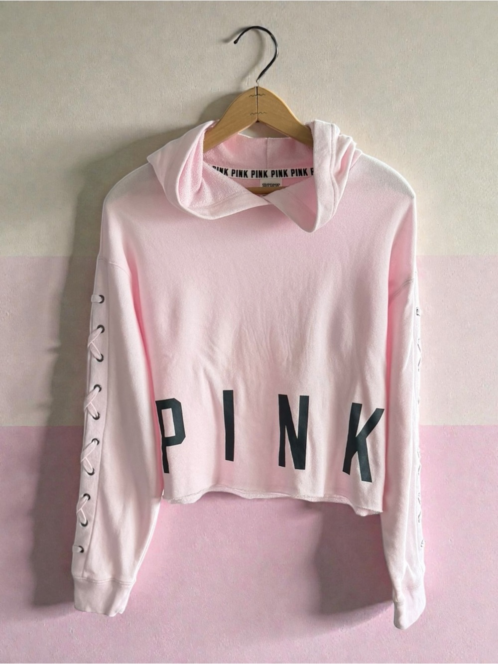 PINK Victoria's Secret Pastel Pink Cropped‎ Lace-Up Sleeve Hoodie